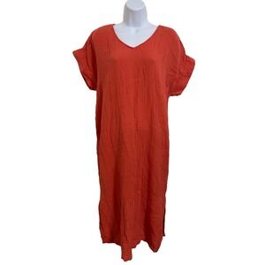 Eileen Fisher Organic Cotton Gauze Dress Orange V Neck‎ Minimalist Lagenlook M